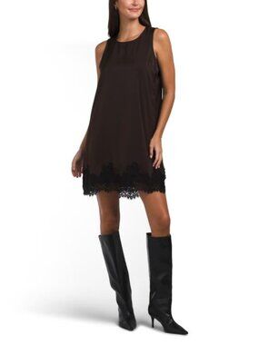 LEA Sleeveless Satin Mini Dress With Lace Trim